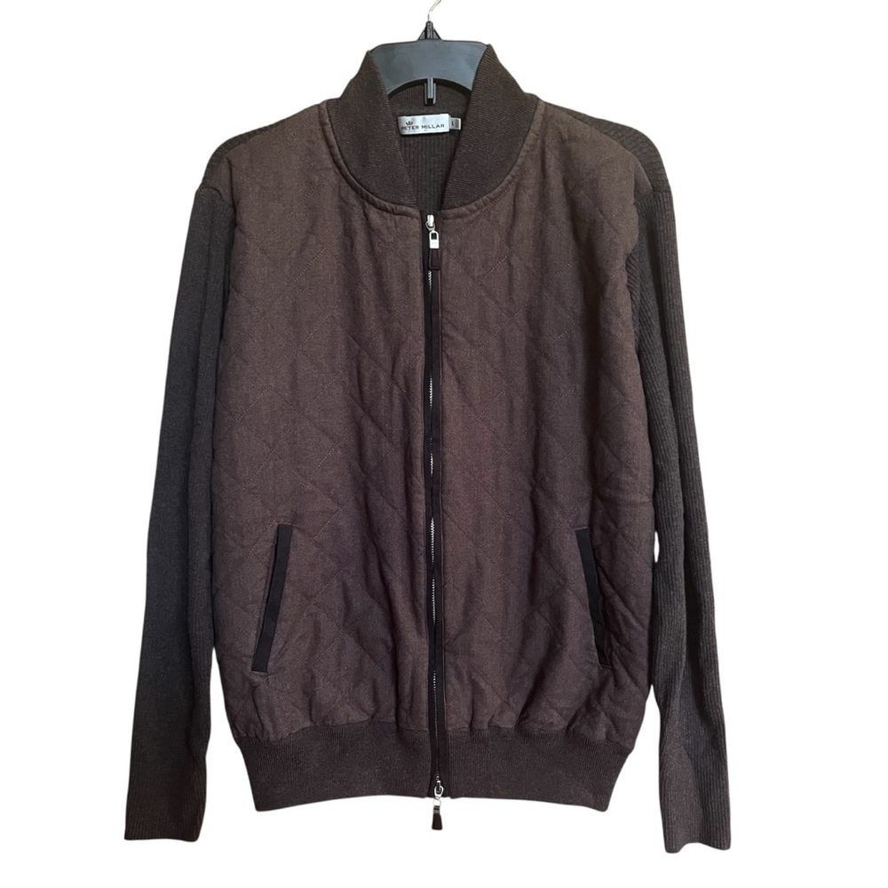 Peter Millar Crown Quilted Merino Wool Sweater Mens L Brown Full Zip Cardigan